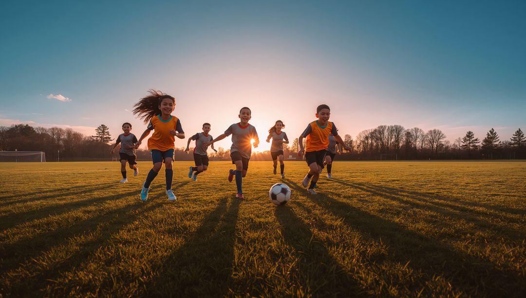 Youth Soccer Players Running on Field During Sunset
