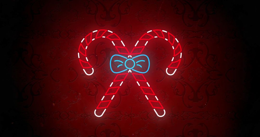 Festive Candy Canes with Neon Bow on Red Background
