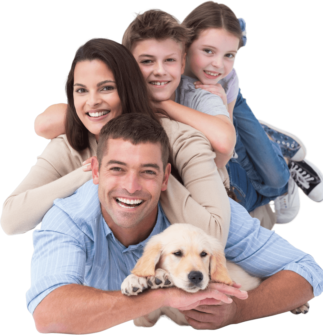 Smiling Family Relaxing with Golden Retriever on Transparent Background