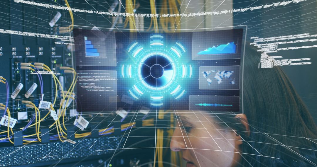 Woman Engaging with Futuristic Digital Interface in Tech Environment