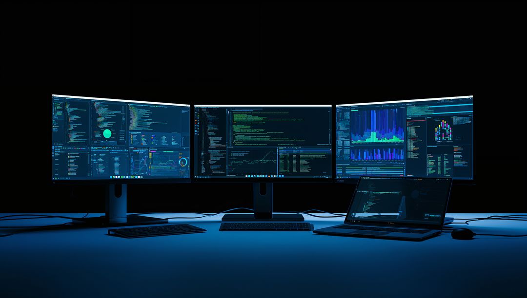 Sleek Triple Monitor Setup with Programming Screens