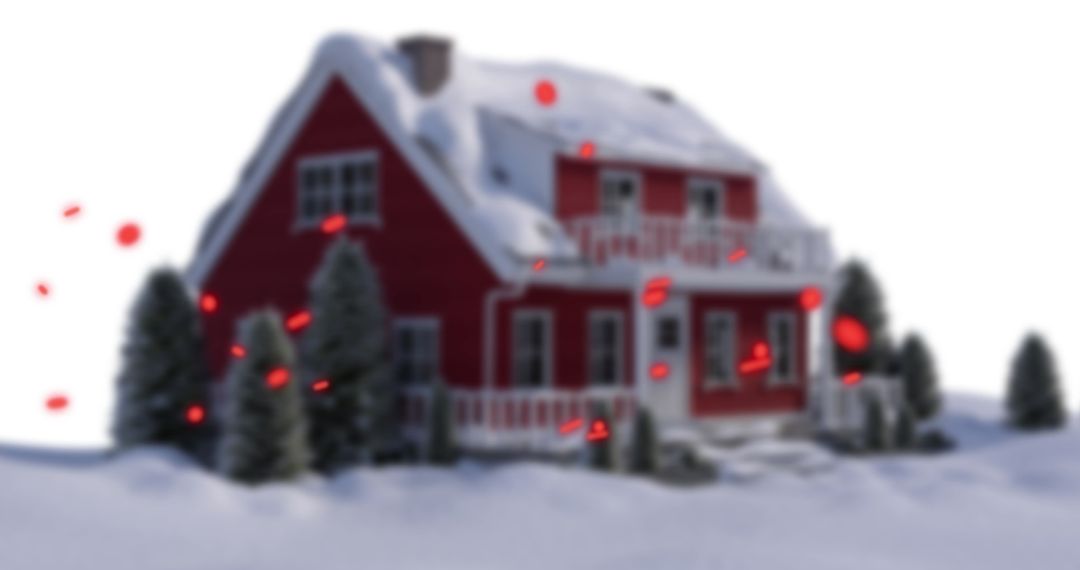 Snow-Covered Red House in Winter Wonderland with Glowing Lights