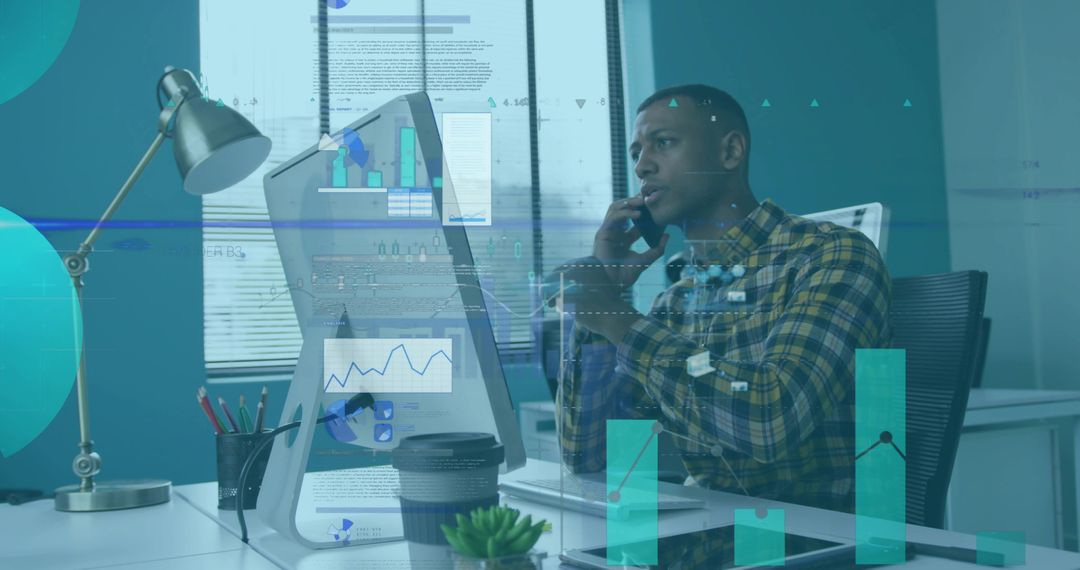 Office Professional Analyzing Financial Data on Desktop with Coffee