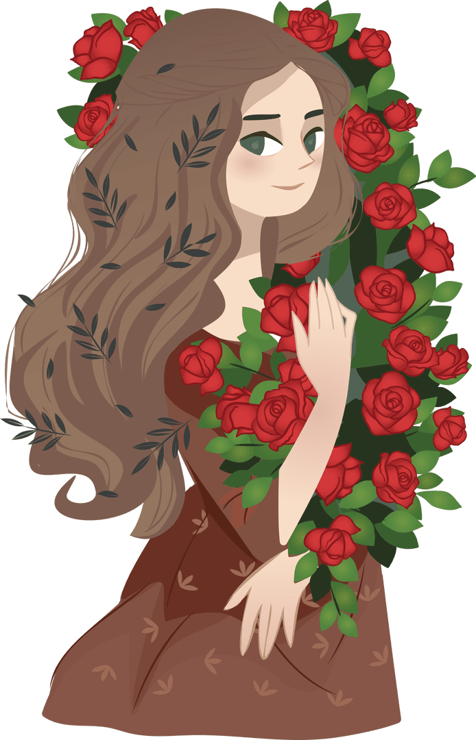 Elegant Woman Encircled by Red Roses on Transparent Background