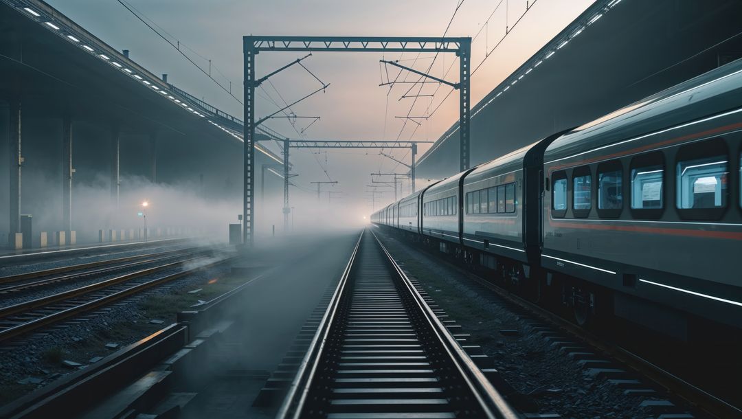 Idling train in misty dawn at empty train station, streamline design