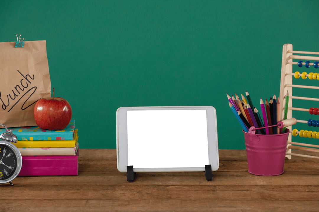 Transparent Screen Over Wooden Table with School Supplies
