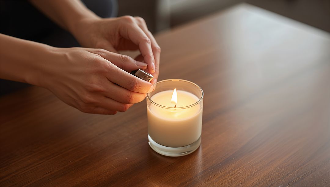 Hands Lighting Candle with Lighter on Wooden Table