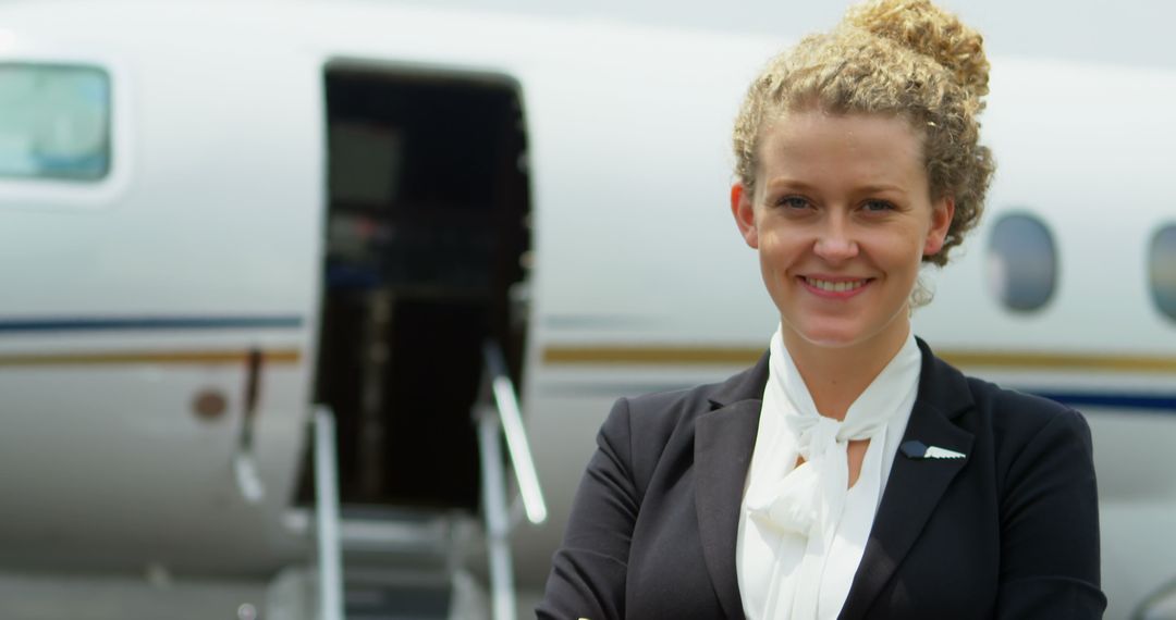 Confident Flight Attendant Standing by Private Jet on Runway