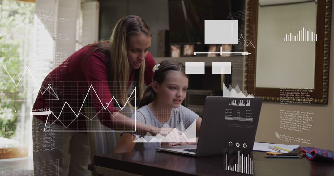 Woman Teaching Young Girl with Digital Graphs and Data Charts Projection - Free Images, Stock Photos and Pictures on Pikwizard.com