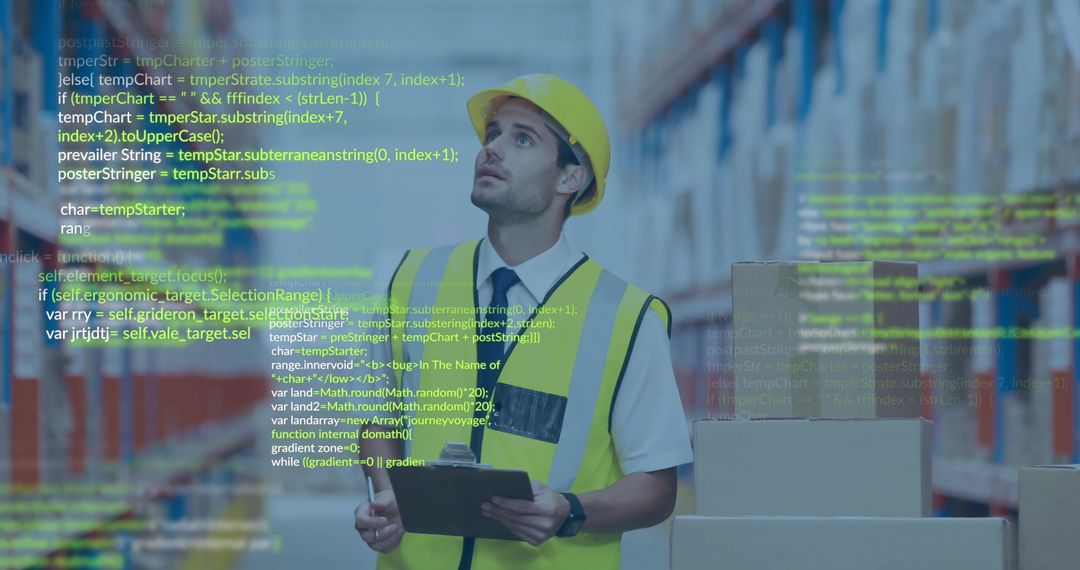 Man Inspecting Warehouse with Technology Overlay