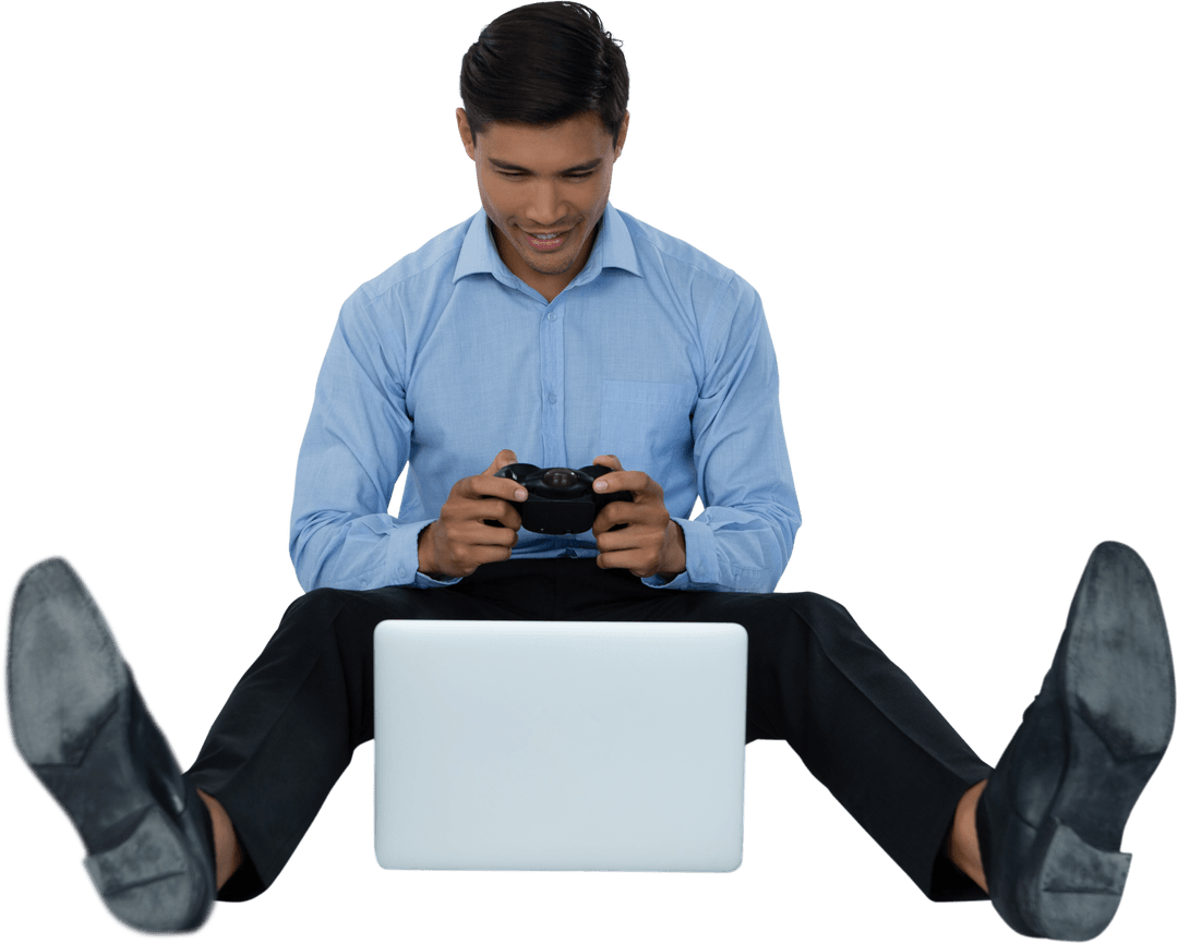 Young Businessman Enthusiastically Playing Video Game on Laptop
