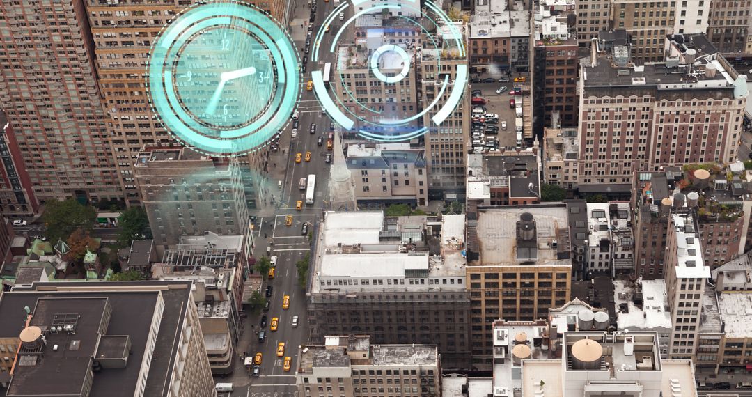 Digital Overlay of Clocks and Scans on Urban Cityscape