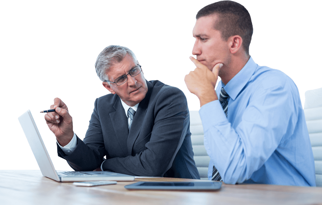 Transparent Businessmen Collaborating with Laptop and Tablet Technology