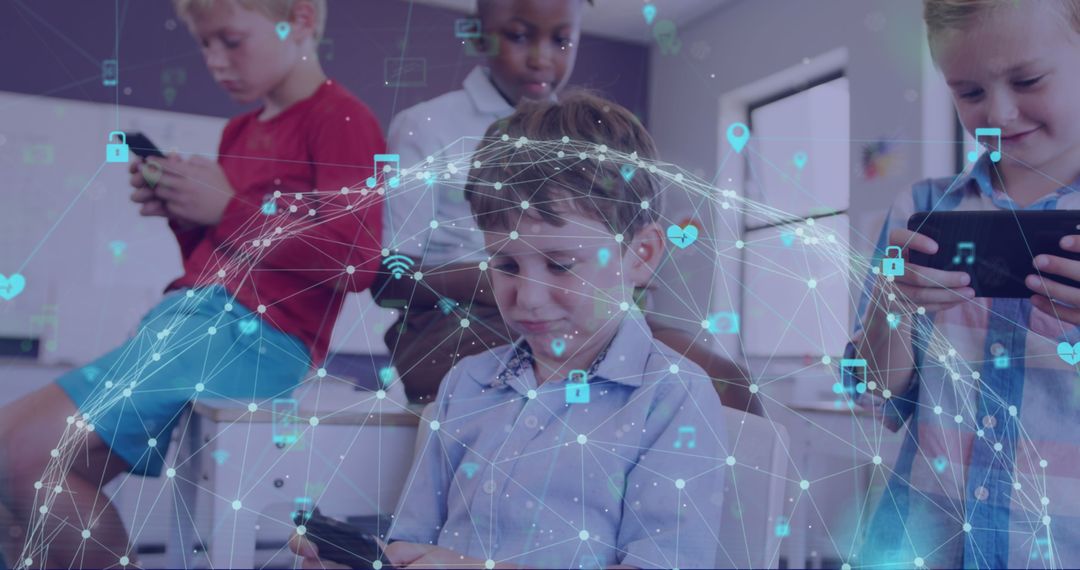 Young Students Exploring Digital World on Smartphones in Classroom