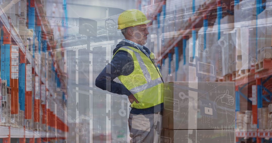Warehouse Worker in Safety Gear Experiencing Back Pain in Industrial Setting