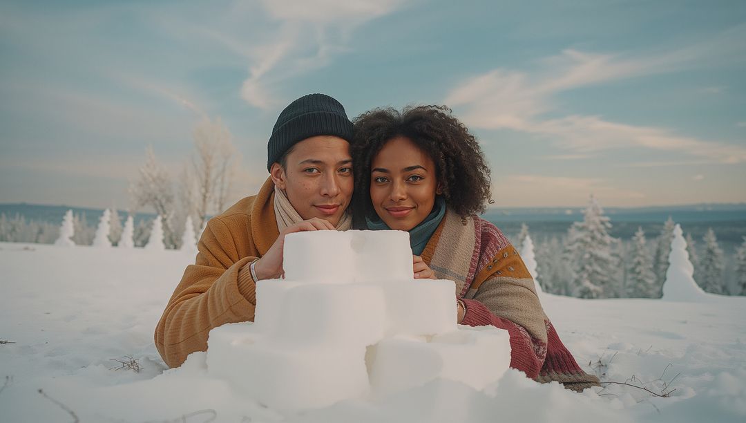 Couple Enjoying Winter Adventure Behind Snow Block Wall