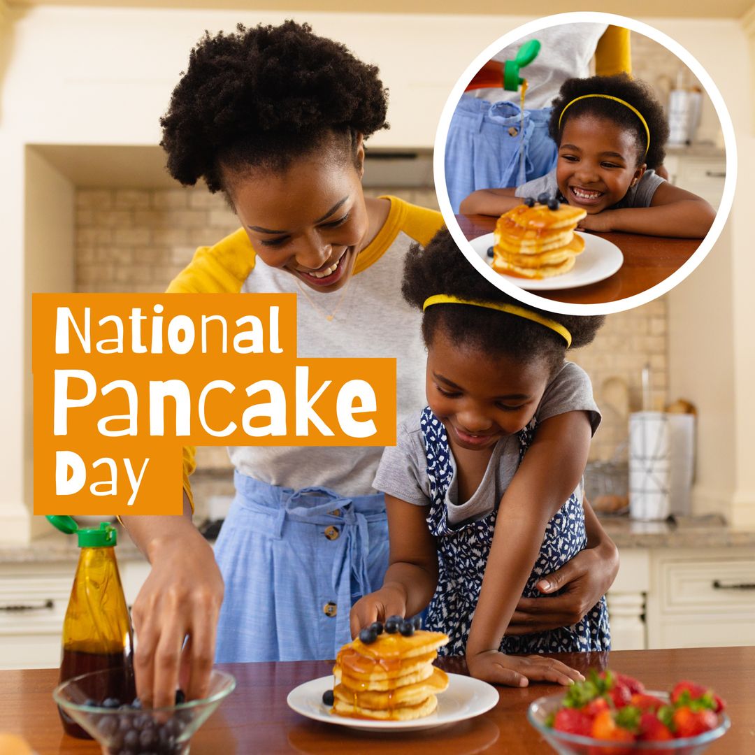 Celebrating National Pancake Day with Smiling Mother and Daughter