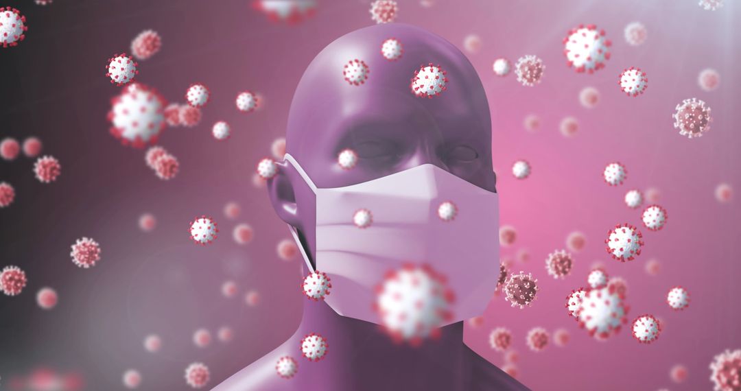 Faceless Figure Wearing Mask Amidst Floating Virus Particles