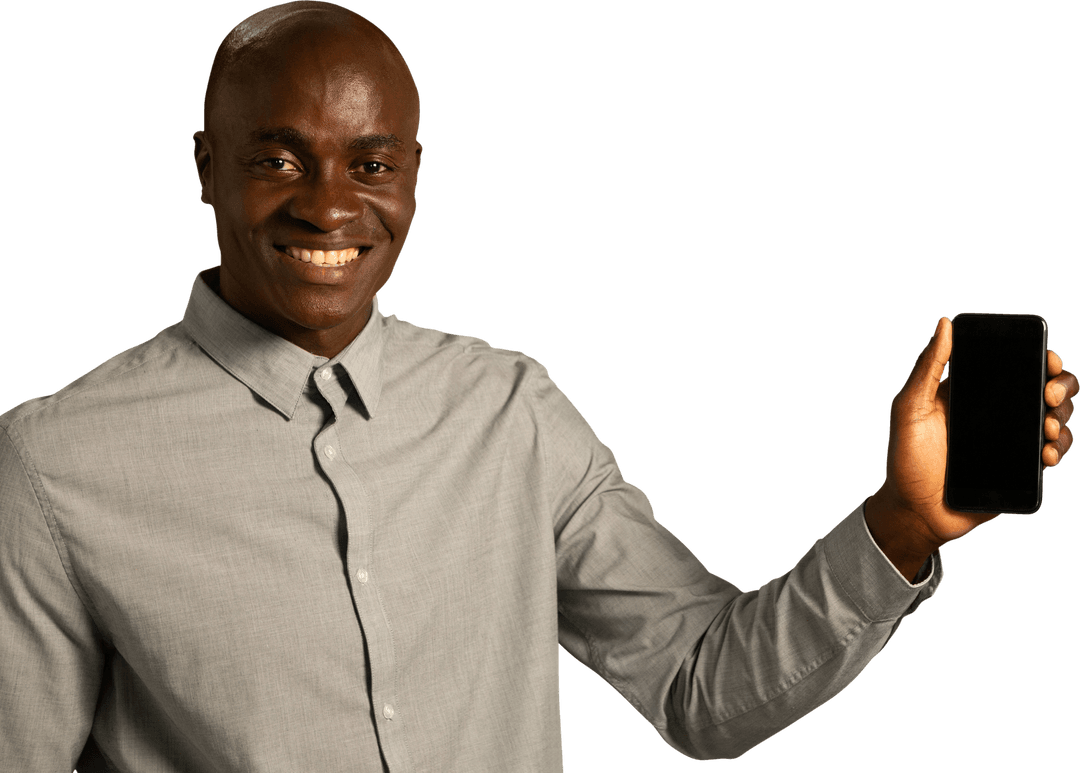 Smiling Businessman Displaying Smartphone on Transparent Background