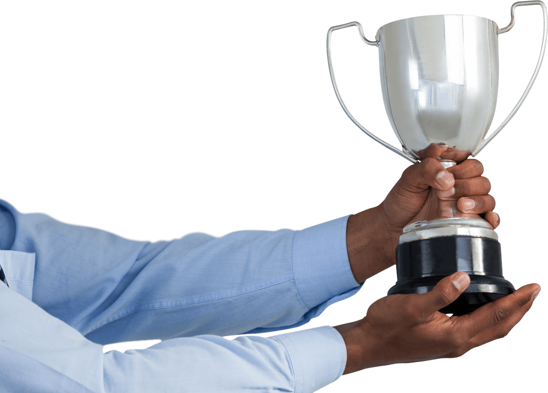 Businessman Holding Transparent Silver Trophy Showing Success