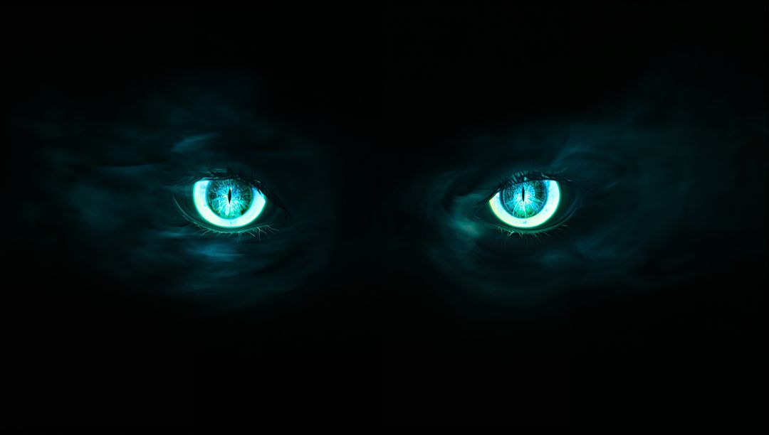 Glowing Ethereal Cat Eyes in Mysterious Dark with Swirling Mist