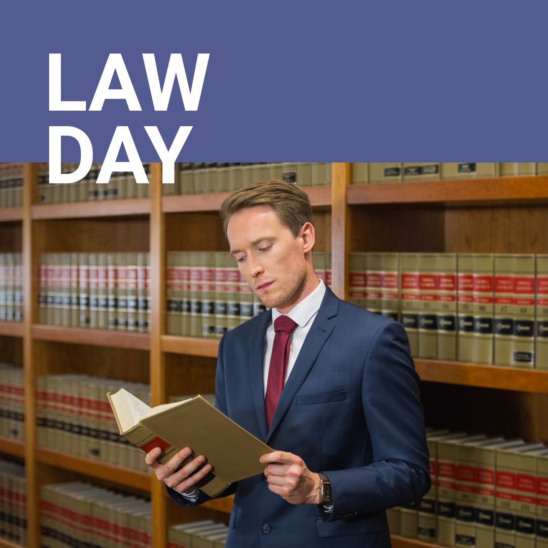 Lawyer Reading Book in Law Library with Law Day Text