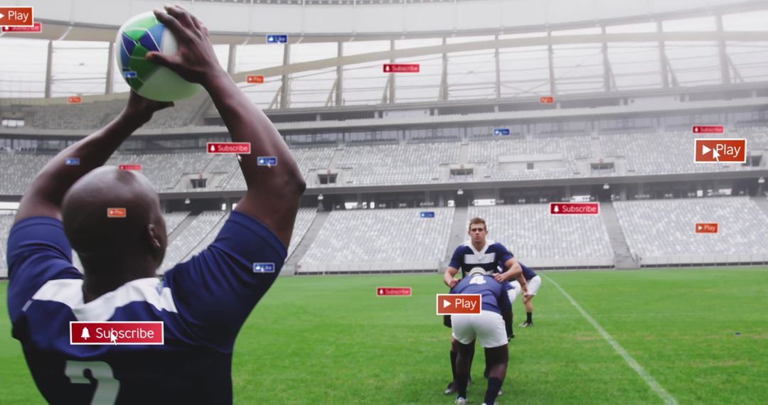 Rugby Player Throwing Ball in Interactive Stadium Environment