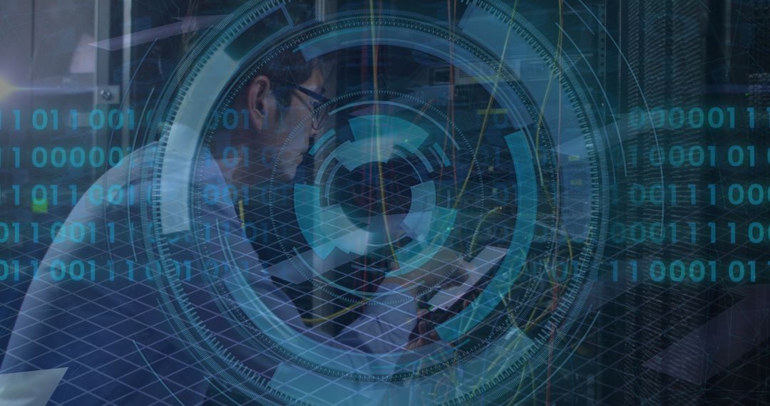 Asian IT Specialist Working in Server Room with Digital Data Overlay