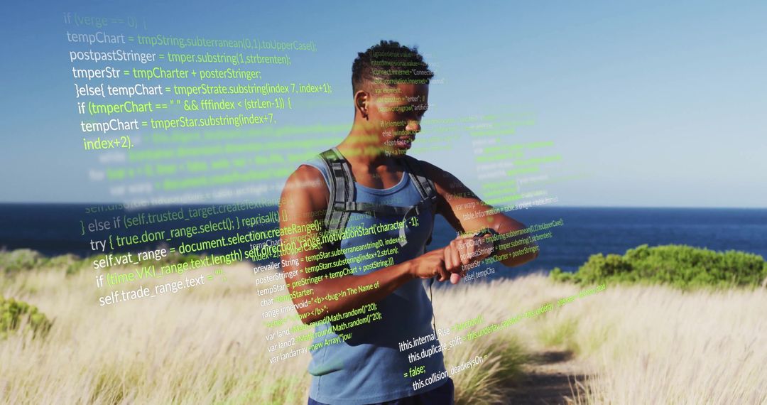 Tech-Savvy Explorer Checking Smartwatch on Coastal Trail