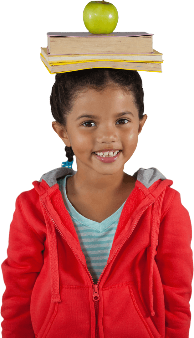 Smiling Girl Balancing Books and Green Apple Transparent Background