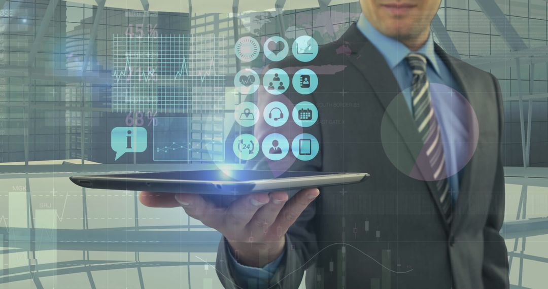 Businessman Using Tablet with Digital Interface Technology Overlay