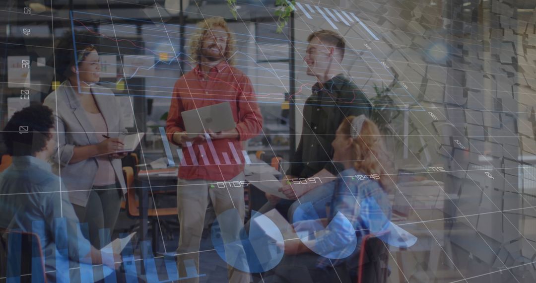 Diverse Team Collaborates with Digital Data Interface Overlay