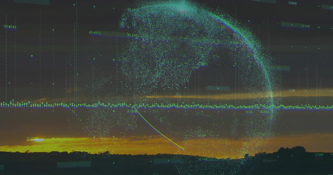 Teal Holographic Data Globe Hovering Over Sunset Horizon with Waveform and Point Cloud