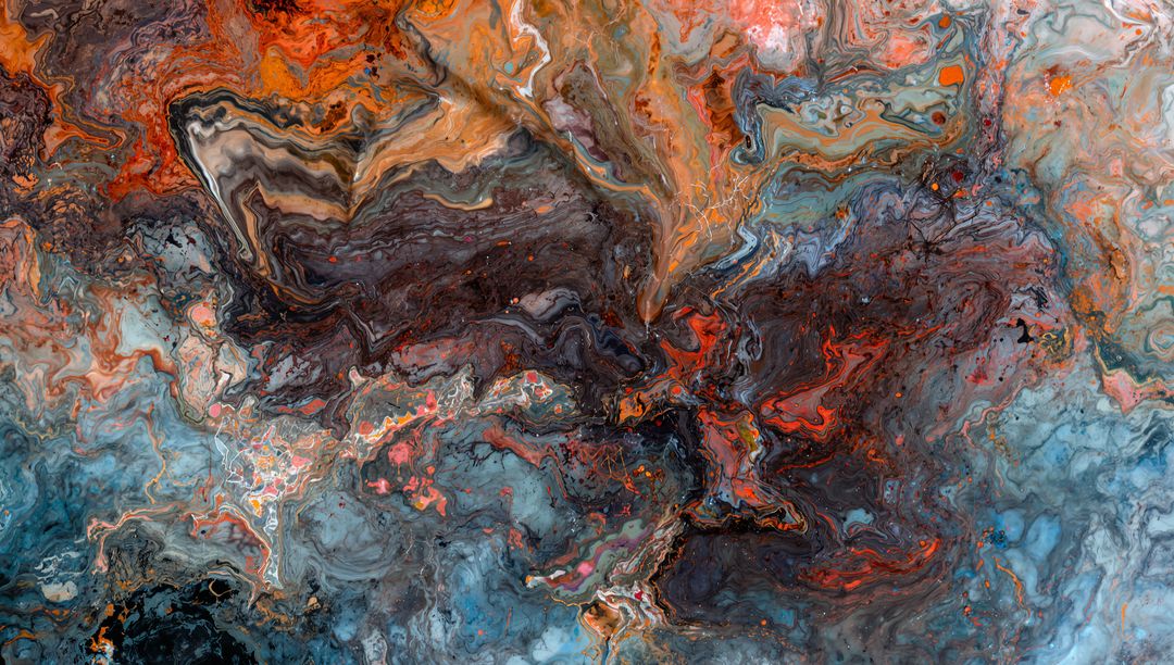 Molten Marble Abstract Flow in Rust Blue and Charcoal with Glossy Veined Layered Texture
