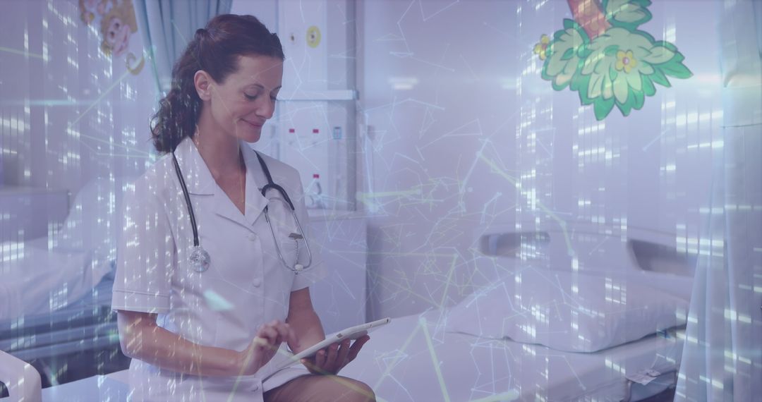 Doctor Utilizing Digital Tablet with Futuristic Technology Interface