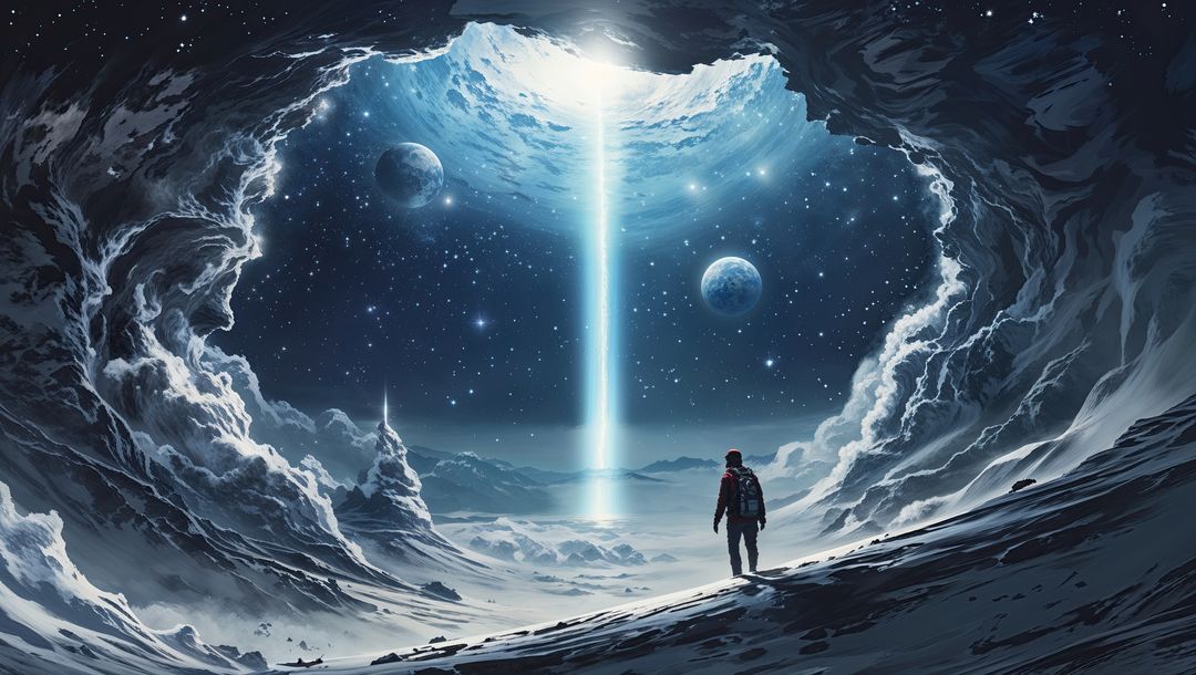 Astronaut Exploring Icy Alien Landscape Amidst Cosmic Light