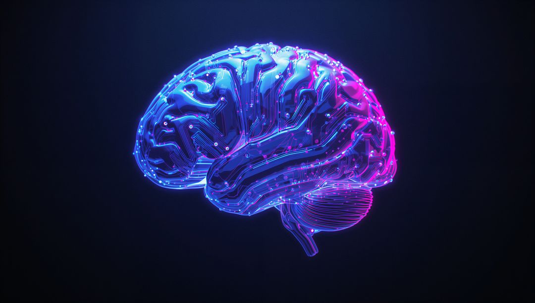 Neon Glowing 3D Brain with Circuit Details in Dark