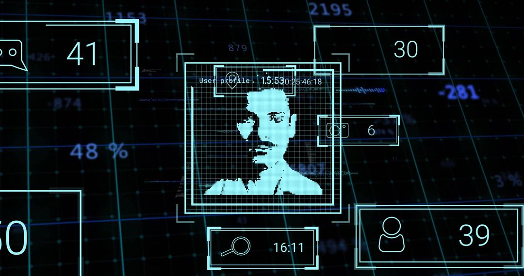 Biometric Scan HUD of Pixelated Male Silhouette in Tech-Branded Interface