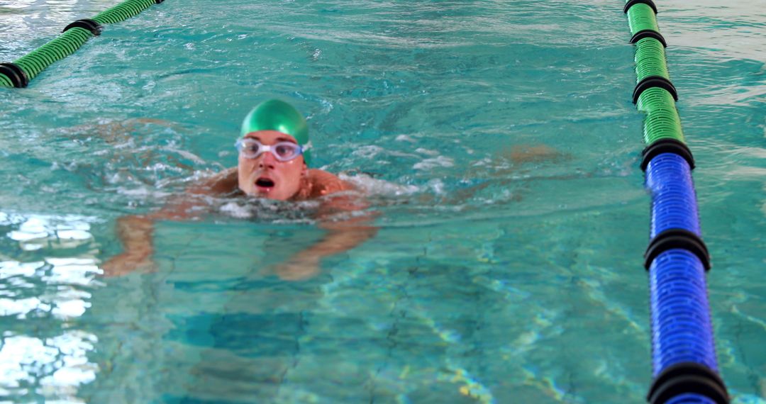 Young Swimmer Wearing Green Swim Cap in Pool Lane Practicing Strokes - Free Images, Stock Photos and Pictures on Pikwizard.com