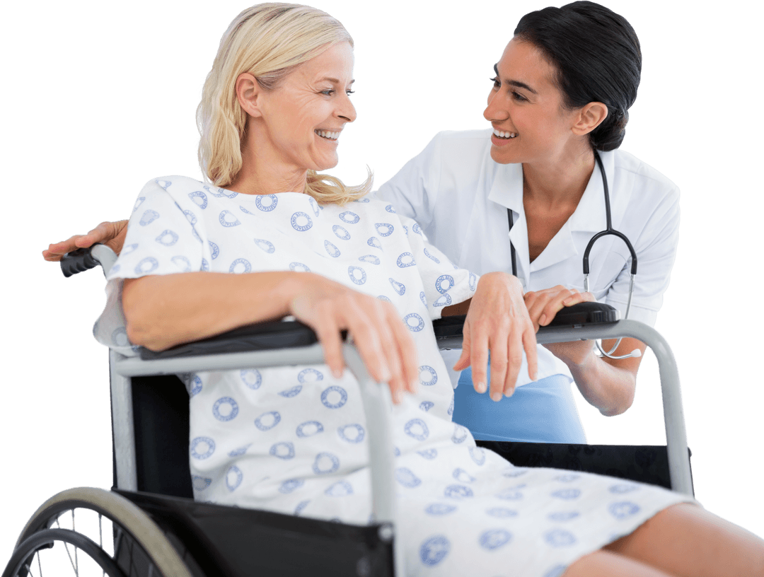 Female Doctor Attending Disabled Patient on Transparent Background