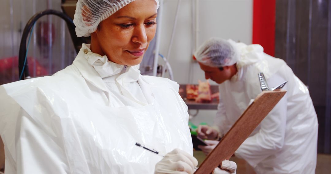 Female Butcher Writing on Clipboard in Meat Factory Setting - Free Images, Stock Photos and Pictures on Pikwizard.com