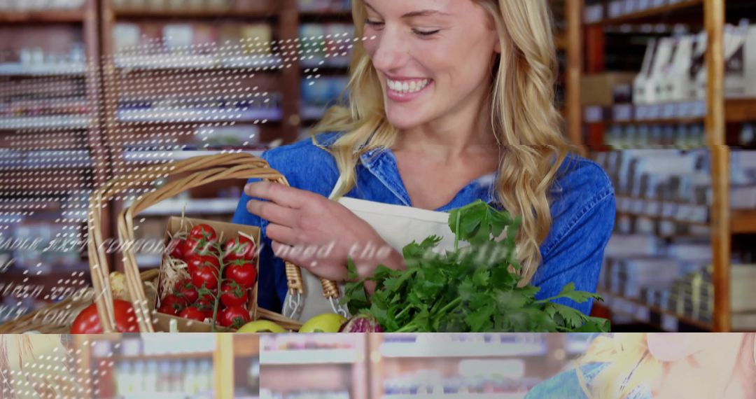 Smiling Woman Arranging Fresh Produce in Supermarket Basket