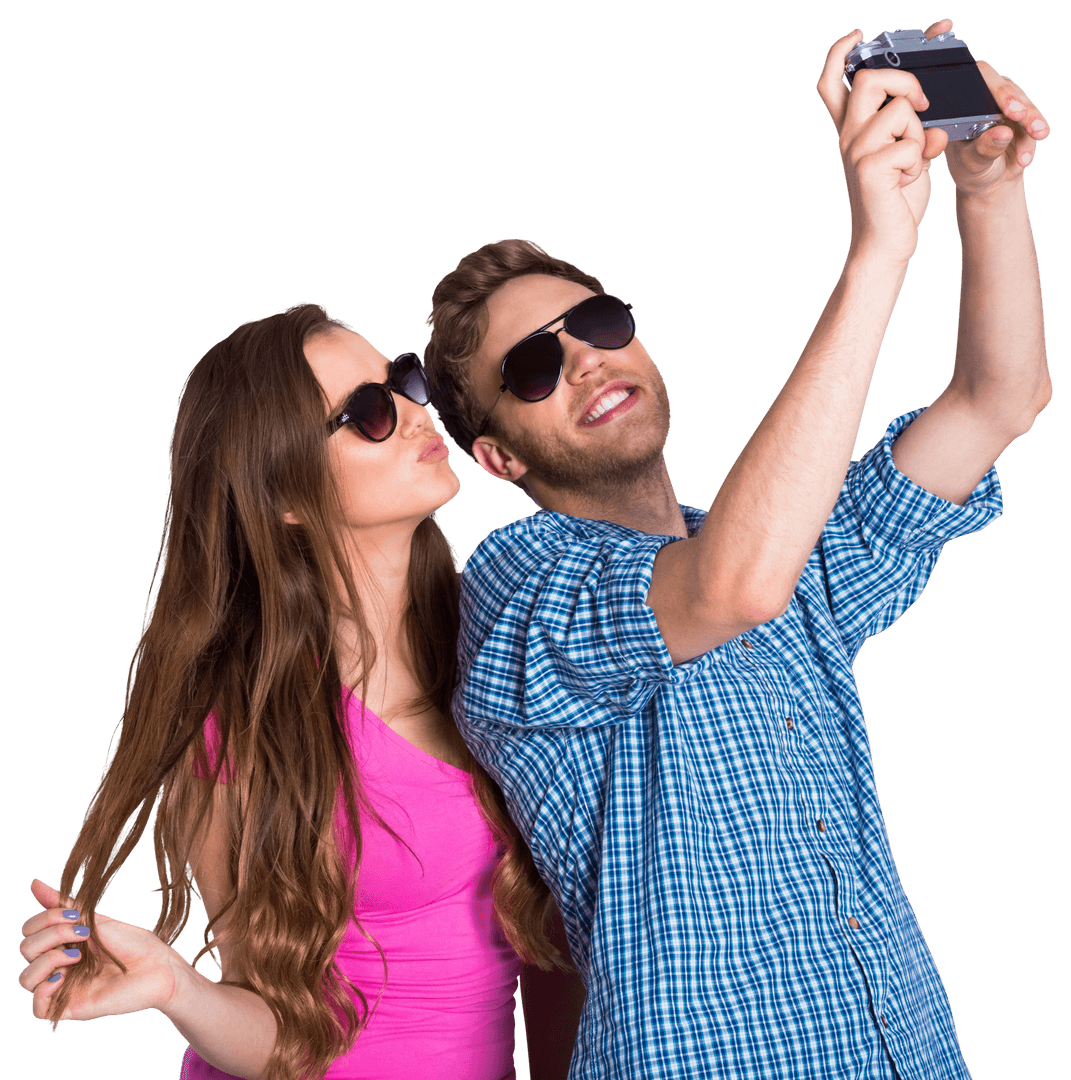 Young Couple in Sunglasses Taking Selfie with Digital Camera Transparent Background