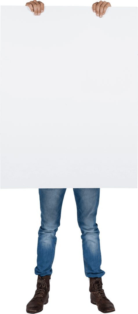 Person in Jeans Holding Blank Transparent Cardboard Sign
