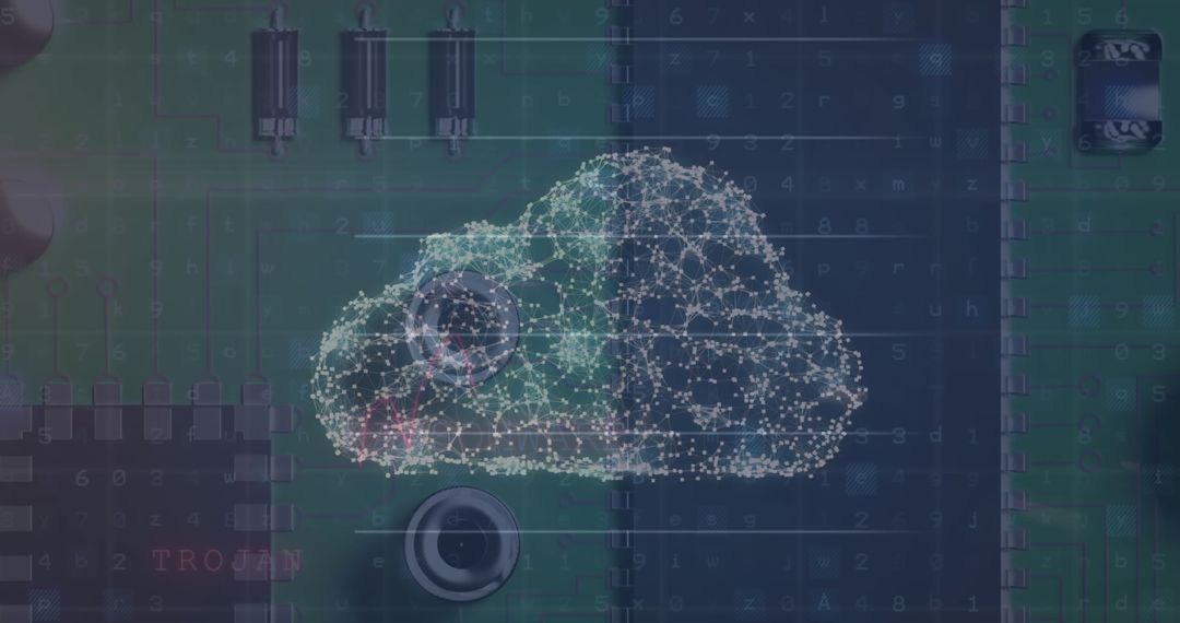 Cybersecurity Concept with Digital Cloud Over Circuit Board