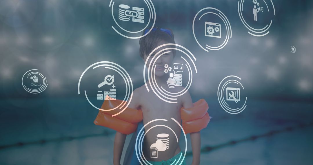 Digital Interface and Technology Icons Overlaying Boy at Swimming Pool