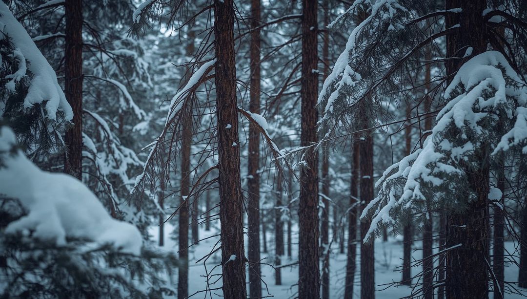 Pines Standing Under Heavy Snow in Misty Blue Winter Forest