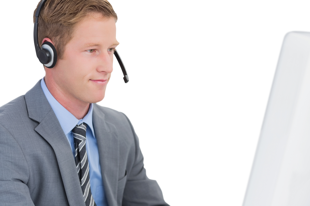 Transparent Businessman Wearing Headset Working on Computer - Download Free Stock Images Pikwizard.com