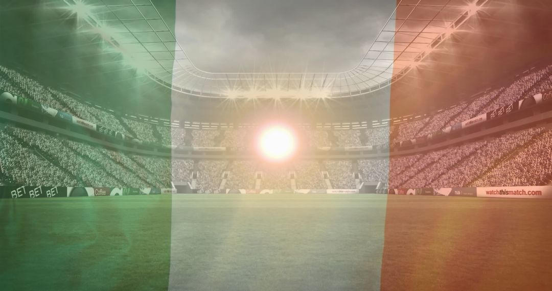 Football Stadium with Italian Flag Overlay and Sun Flare