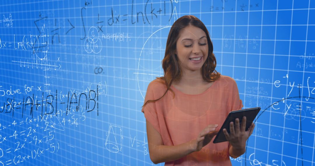 Businesswoman Using Tablet with Mathematical Equations Background